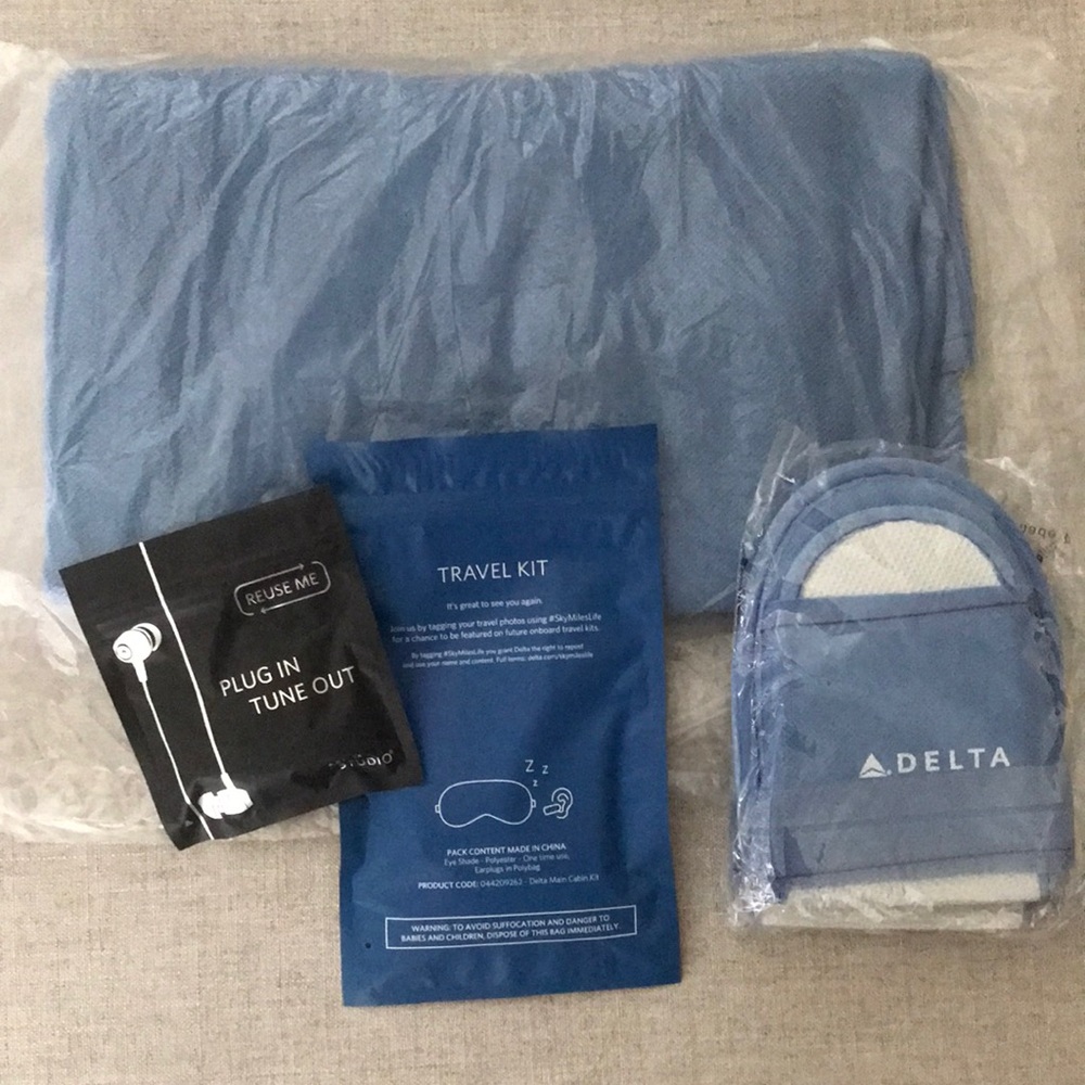 Brand New Delta Travel Set : Blanket + Slippers + Eye Mask Earmuffs + Headphones